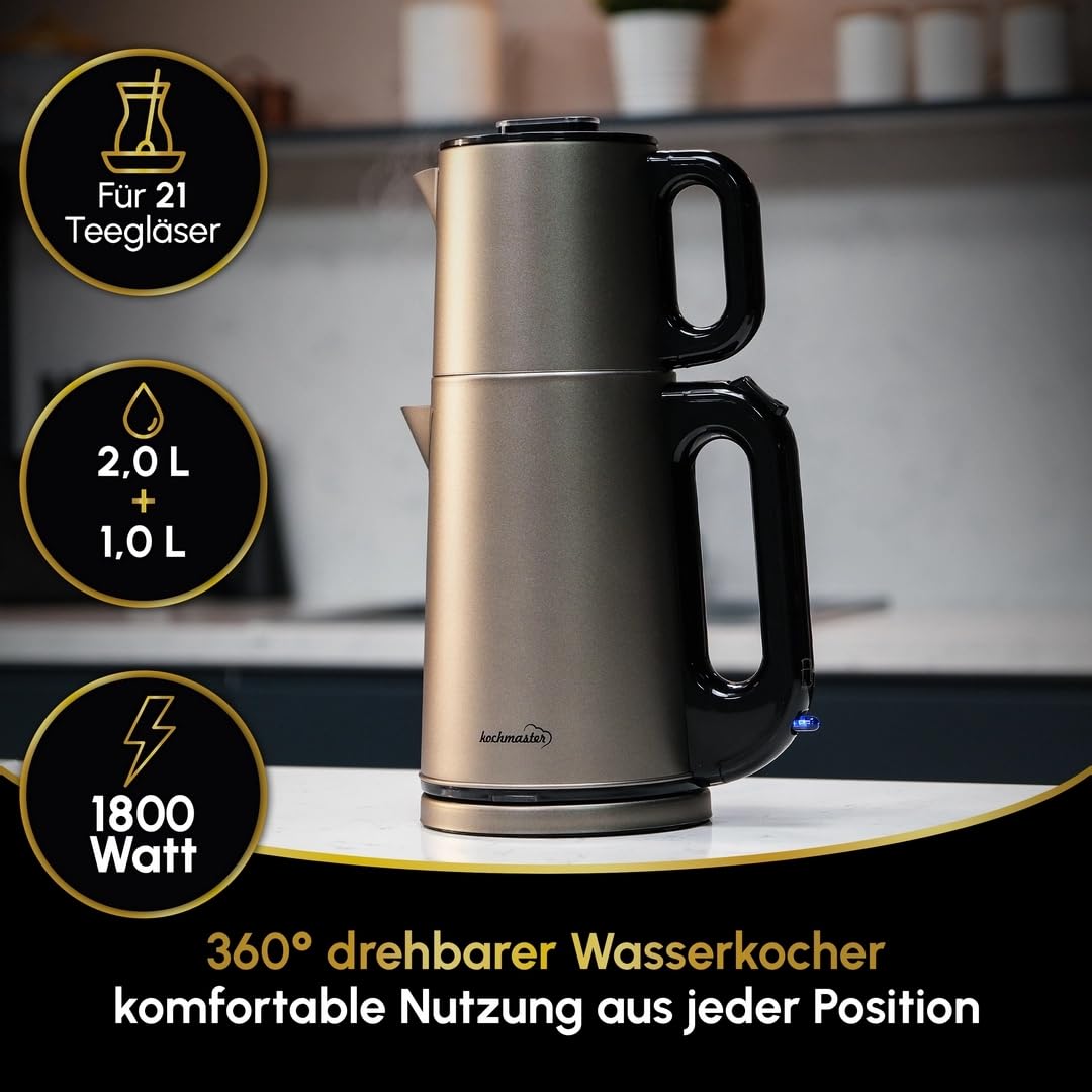 Dem Vakti Teekocher – 2,0L + 1,0L, 1800W, Edelstahl Teemaschine, Warmhaltefunktion, 360° Basis, Türkischer Teekocher