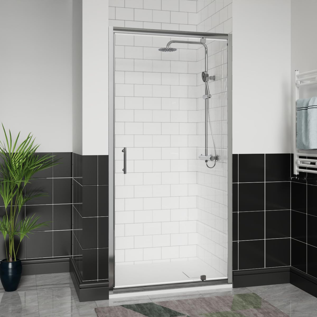 Aquariss 900x900mm Chrome Pivot Alloy Hinge Shower Door Enclosure with 900mm Clear Self Clean 6mm Shower Door Screen, White SMC Anti Slip Shower Tray and 90mm Waste