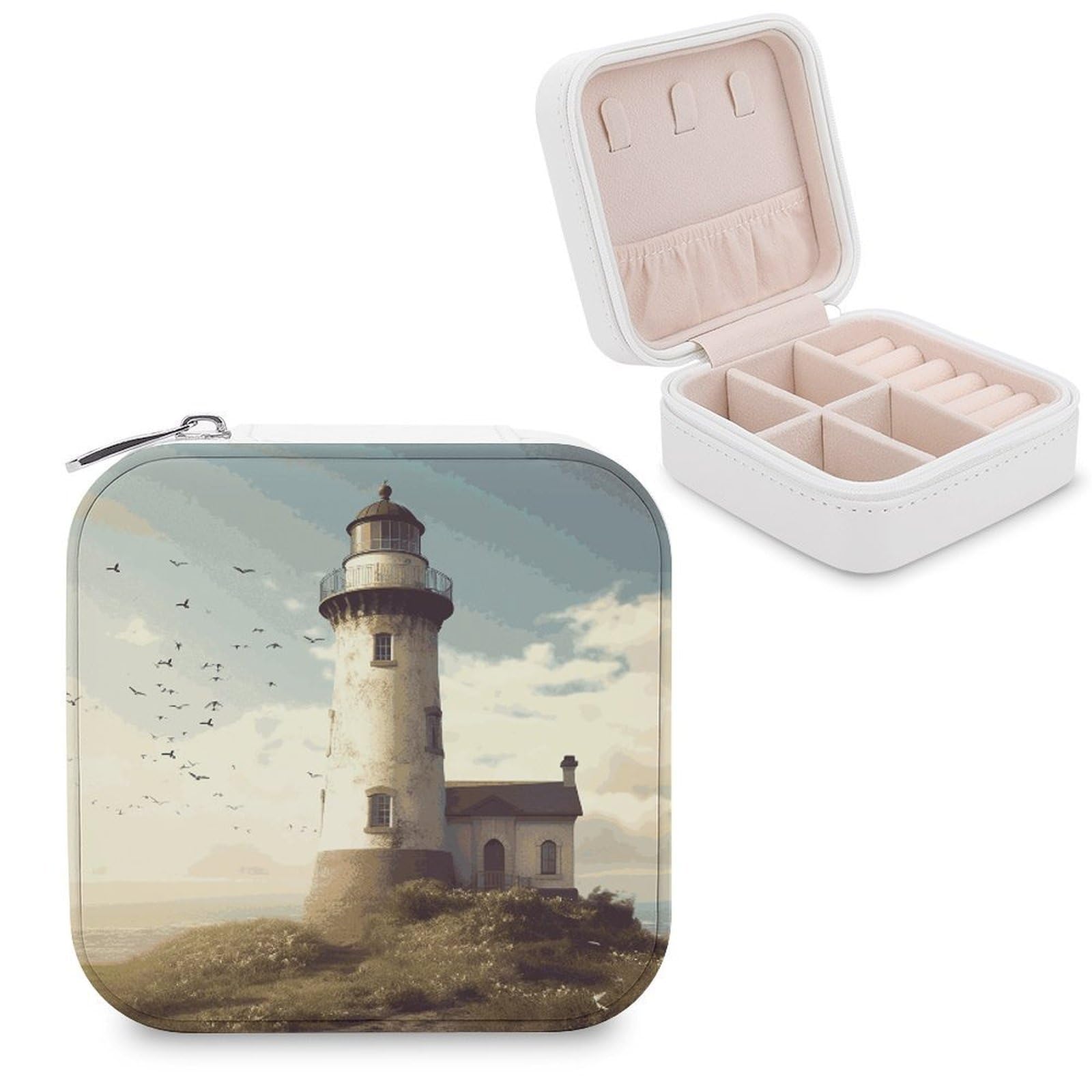 LZQPOEAS Old Lighthouse Jewelry Box Mini Jewelry Travel Case Trendy Stuff Ring Box Custom PU Leather Jewelry Boxes Portable Jewelry Case Earring Storage Organizer for Girls Women