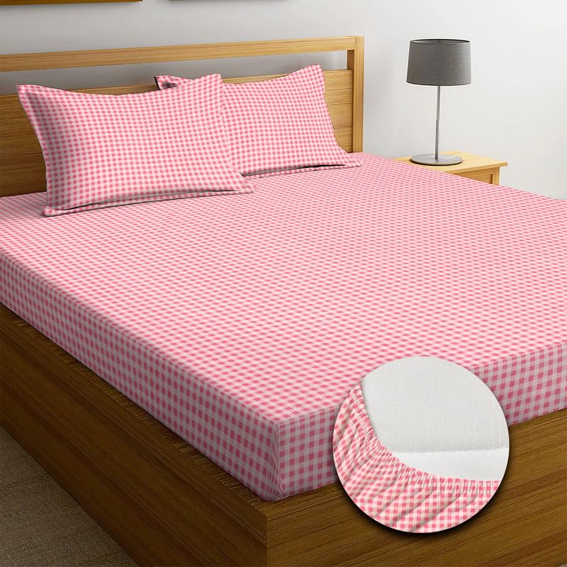 Premium Cotton 210tc Elastic Fitted Bedsheets with 2 Pillow Covers | Double/King Bed with All Around Elastic Wrinklefree Supersoft Breathable |Size-78 x72+8 inches |Small Checks, Pink-picture-19