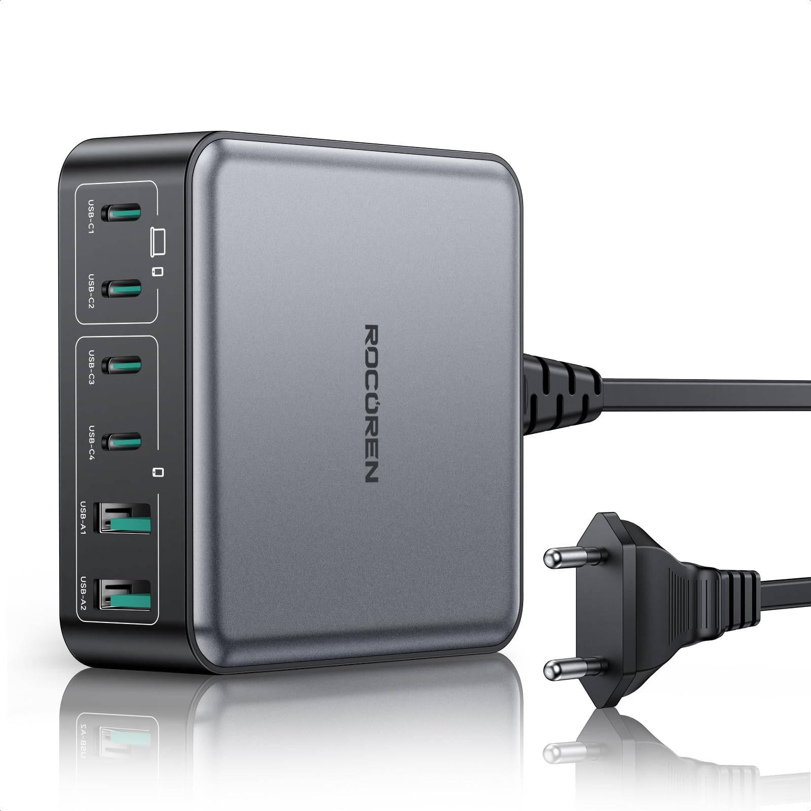 Rocoren 270W Caricatore USB C Multiplo, GaN 6 Porte PD 100W QC4.0 PPS 2-Laptop Stazione di Ricarica Alimentatore USB Compatibile con MacBook Pro Air Len0vo HP iPh0ne 16 15 Galaxy Steam Deck e altro