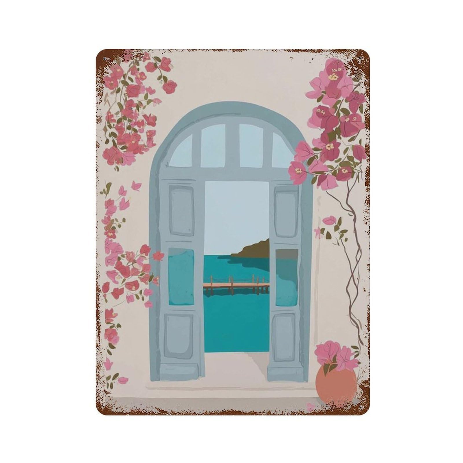 xiaoxiaoshen Mediterranean Window View Pink Bougainvillea Boho Travel Aesthetic Coastal Summe Wall Decor Art Metal Tin Poster Modern Home Decor Art Home Bar Shop Decorations Vintage Sign 40x30cm