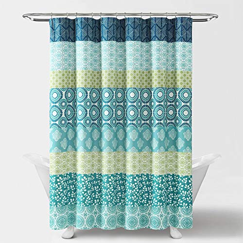 Image of Lush Decor Bohemian Stripe Shower Curtain 72 inch W x 72 inch L Blue & Green - Bathroom Curtain - Striped Shower Curtain - Boho Decor - Fabric Shower Curtains
