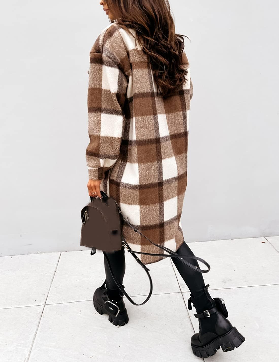 PUWEI Women's Long Flannel Plaid Jacket Shacket Cozy Lapel Button Down Shirt Jacket Fuzzy Trench Coat - Image 6