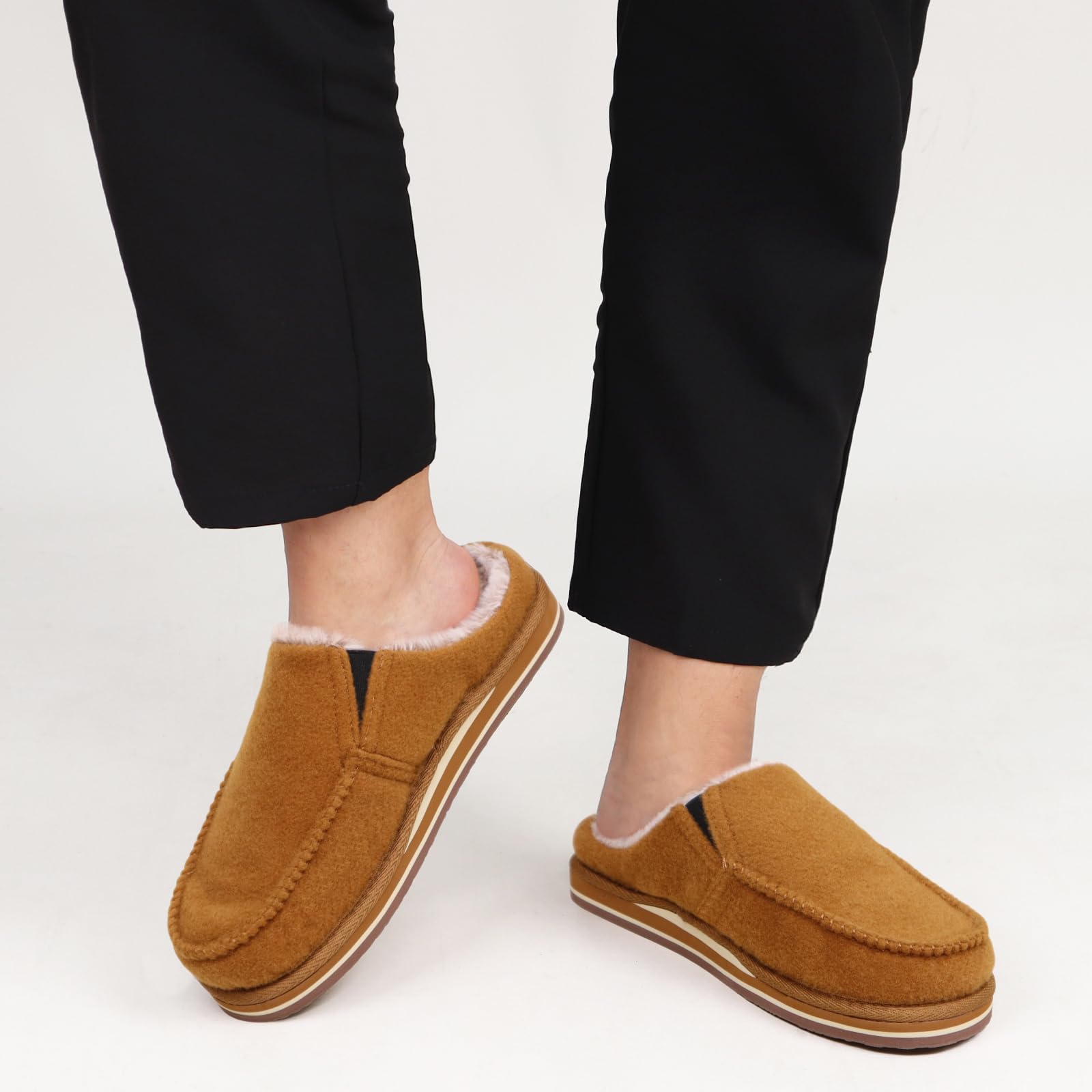 ONCAI Pantofole da Uomo in Comfort Pelo Cotone Strisce Ciabatte da Casa in Lana con Memory Foam Supporto Arco Suola in Gomma Taglia 40-50