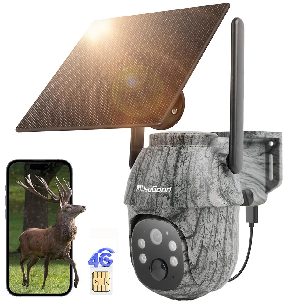usogood 4G LTE Cellular Trail Cameras Included 32GB Memory Card&SIM Card, 360°Game Camera with 2K Night Vision Motion Activated IP66 Waterproof, Sends Picture to Cell Phone, Solar Powered
