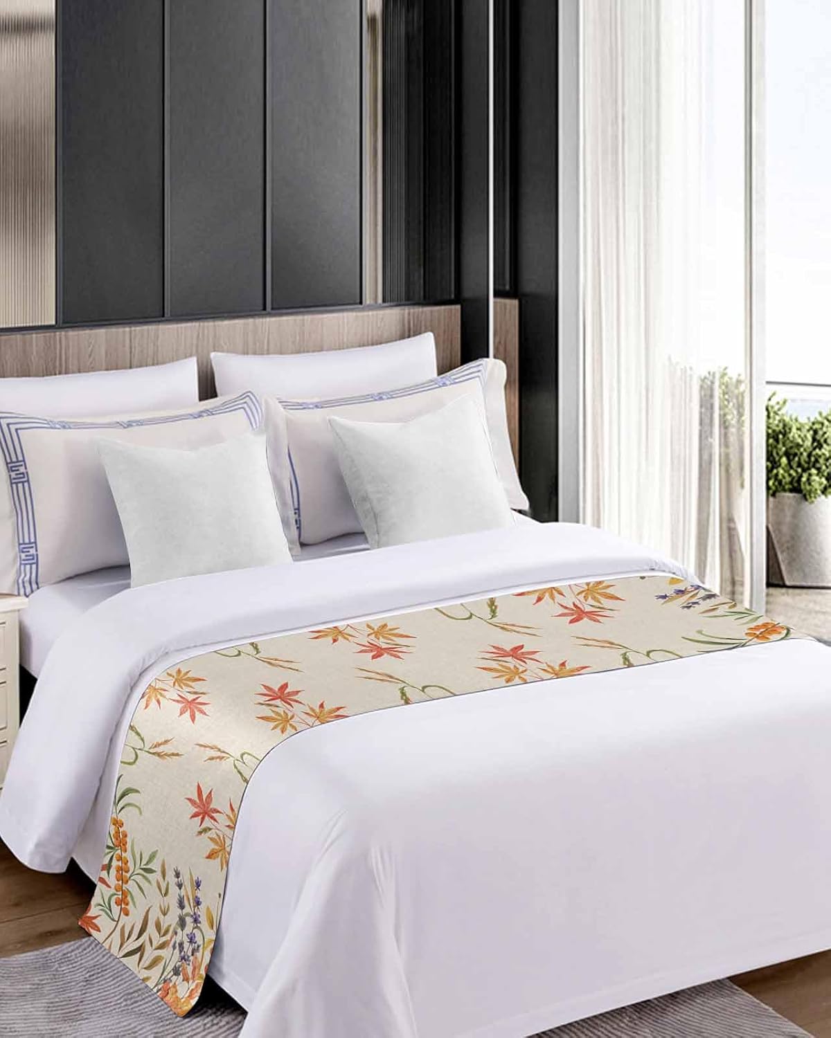 Wildflowers Fall Bed Runner Scarf Cal King Size, Autumn Leaves Retro Pastoral Plants Luxury Bed Throw Runners & Scarves for Twin Full Queen King Foot of Bed, Bedroom Hotel Decoration, 102"x20"