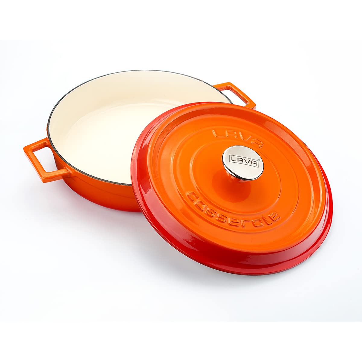 LAVA 3.7 Quart Enameled Cast Iron Braiser: Multipurpose Stylish Orange Round Dutch Oven Pot with Glossy Sand-Colored Three Layers of Enamel Coated Interior and Trendy Lid
