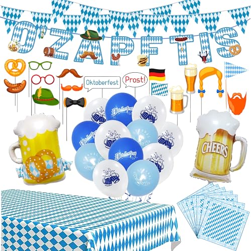 Oktoberfest deko Set,Bayrische Deko,'O’ZAPFT IS 'Girlande + 10m Wimpelkette+Tischläufer+20 Servietten + 18 XXL Bedruckte Latex-luftballons +17 Foto-Requisiten-Set+2 XXXL Folienluftballons