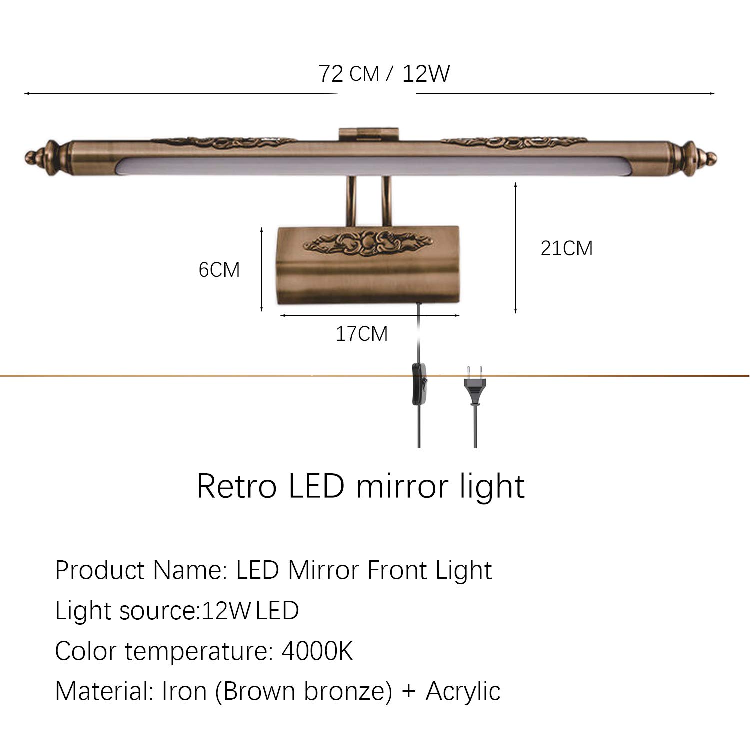 ACMHNC Vintage Spiegelleuchte Bad Mit Schalter Und Steckdose, Braun Golden Badleuchte LED Spiegellampe Badezimmer Wandleuchte Mit Stecker, Einstellbarer Schminklicht 4000K Bilderleuchte,72cm/12w