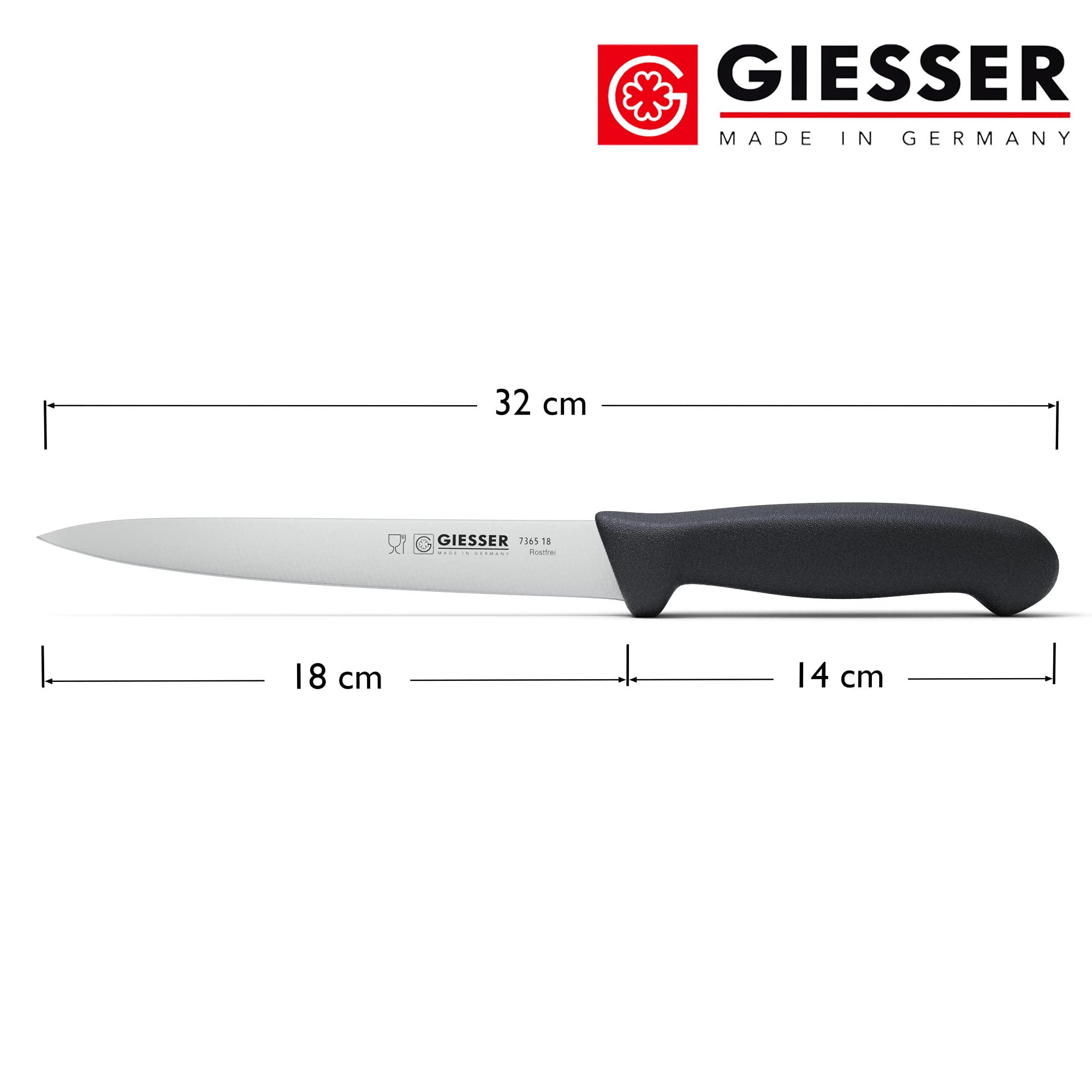 Giesser depuis 1776 - fabriqué en Allemagne - Couteau à fileter noir, Basic Black, lame 18 cm, antidérapant, couteau à fileter lavable au lave-vaisselle, inoxydable