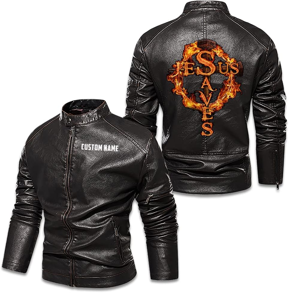 Christian Inspirational Gifts Jesus Saves Cross on Fire Personalized Customize Men Leather Vest Jacket