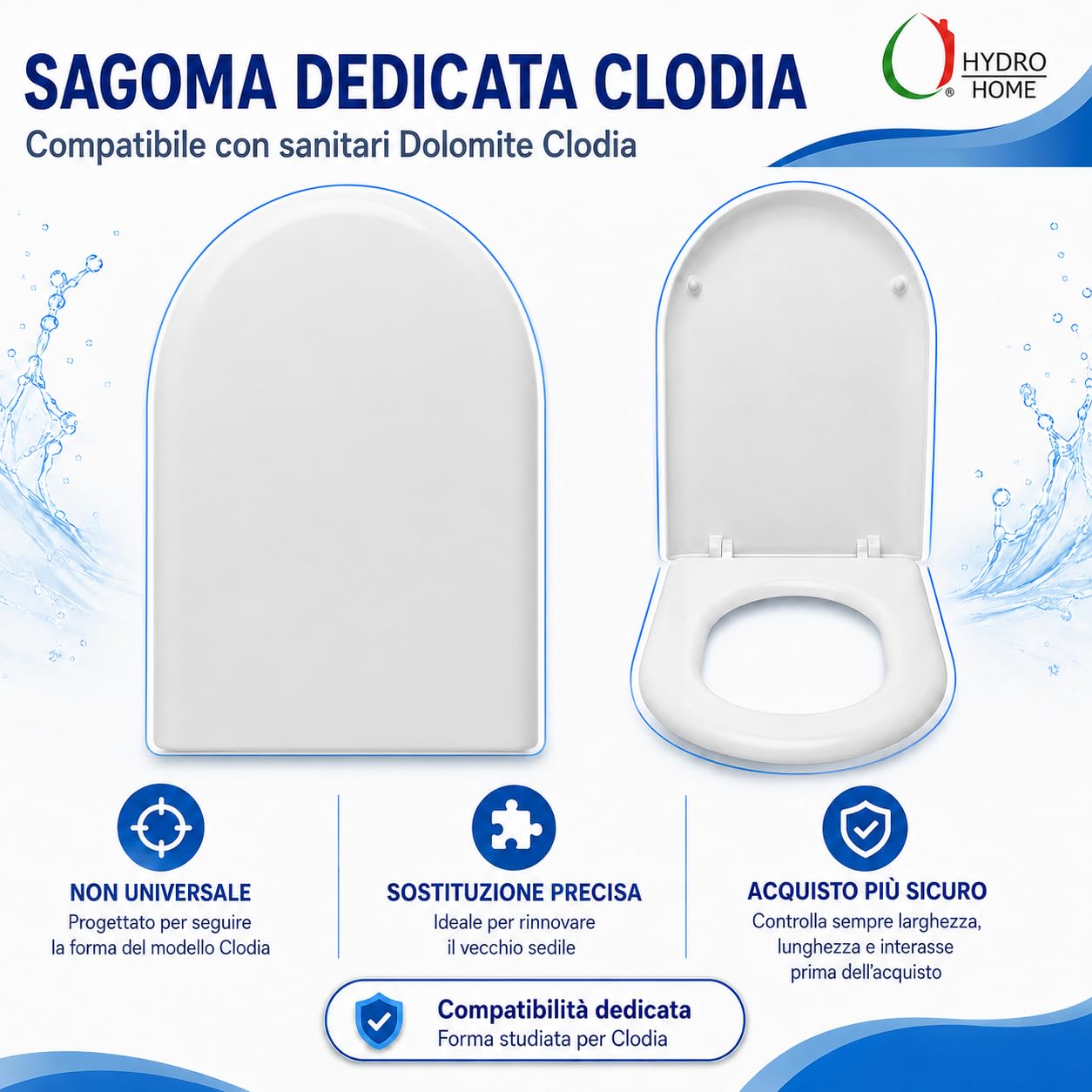 Hydro Home Copriwater Compatibile Clodia Dolomite, Sedile WC Termoindurente Antibatterico, Tavoletta WC Bianco Lucido con Fissaggio dall’Alto Soft Close