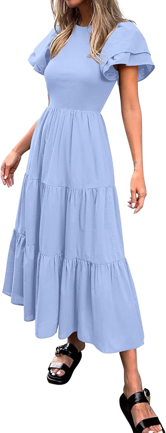 BTFBM 2024 Women Casual Summer Dresses Crewneck Flutter Short Sleeve Elastic Waist Flowy Aline Tiered Maxi Dress Pockets Large Solid Light Blue