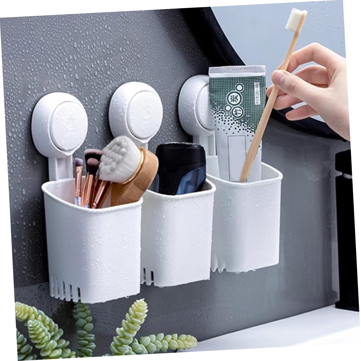 HEALLILY 3 Pezzi Portaspazzolino da con Ventosa per Bagno Organizer per Spazzolini e Design con per Dentifricio e Scarico Adatto Superfici Lisce e Non Porose Materiale Resistente e