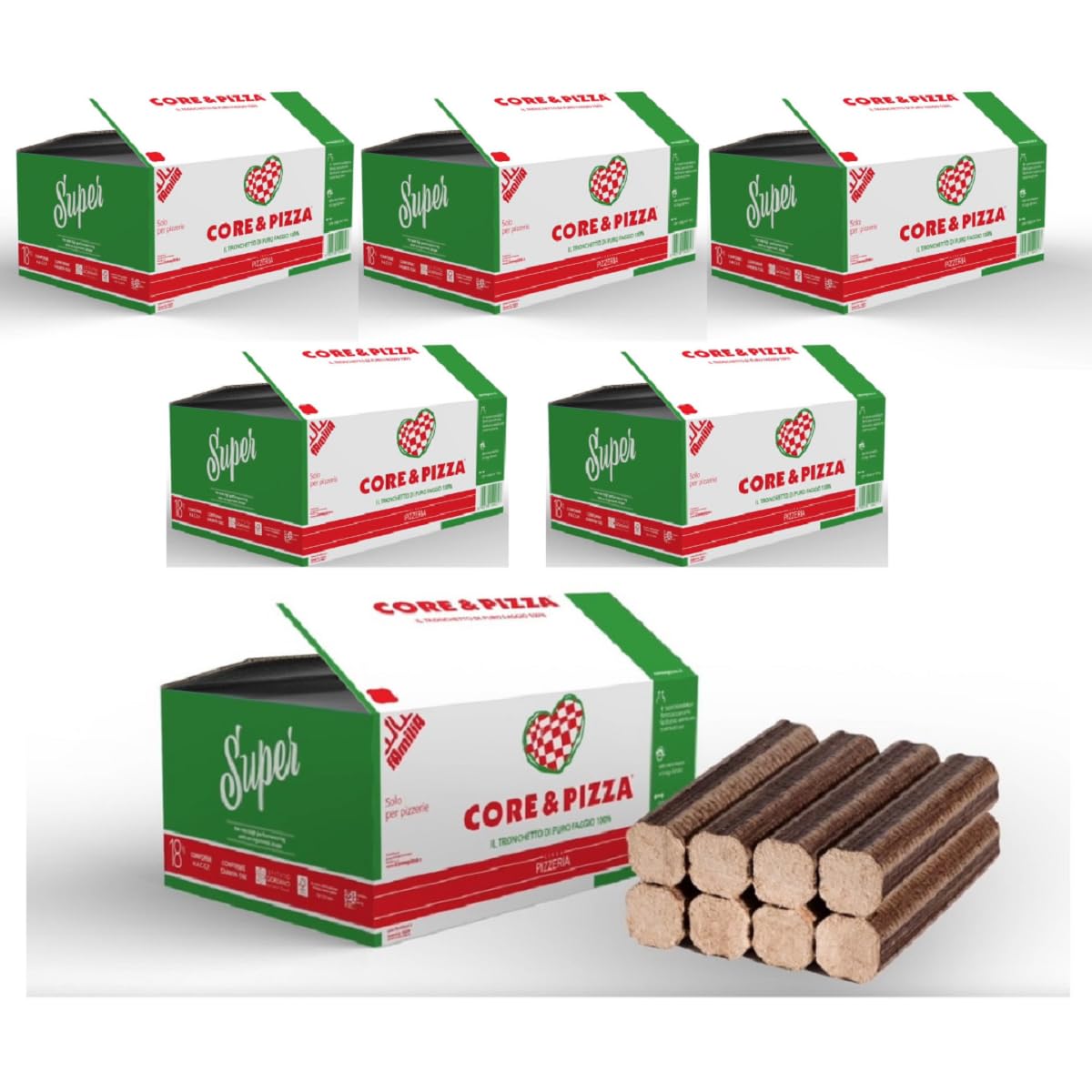 Core & Pizza Super, Tronchetti di Faggio 100% Pressato, Fiamme potenti e durature Certificati FSC, Ecologico, Ecosostenibile,18Kg(6, Faggio pressato)