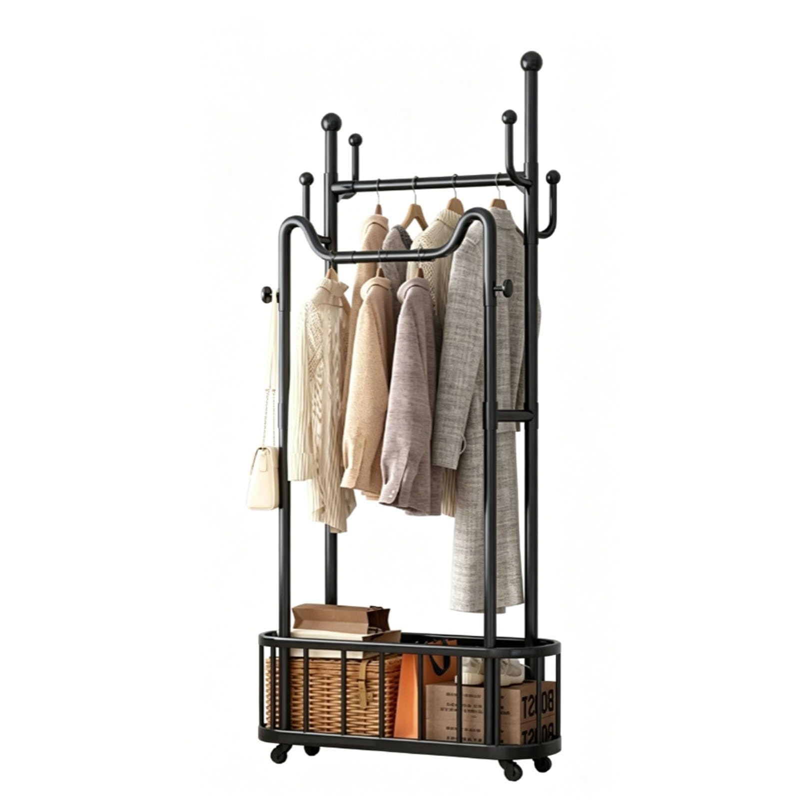 YAOHY Clothes Rack, Bar Double Rod Rolling Metal Clothing Rack for Hanging Clothes, Portable Garment Rack with Wheels, Wardrobe Closet Organizer for Bedroom and Laundry Room(Black,39.3in/100cm)