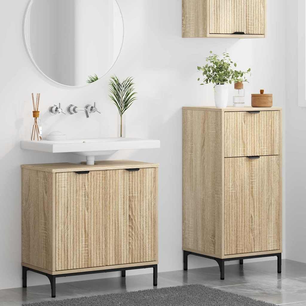 Juego de muebles de baño de 2 piezas de madera de roble Sonoma contrachapada de metal con armario bajo y armario alto, capacidad de carga de 120 kg, espacio de almacenamiento con cajón y
