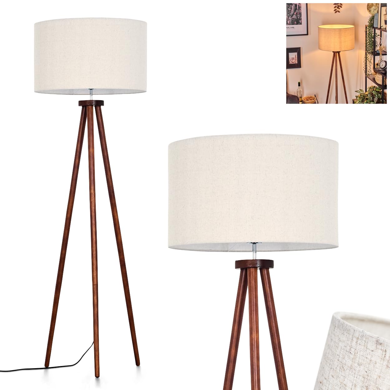Stehleuchte Flemming, Stehlampe aus Holz/Stoff in Dunkelbraun/Beige/Weiß, Leuchte im skandinavischen Design mit rundem Schirm (Ø 50 cm) u. Fußschalter, Höhe 155 cm, 1 x E27, ohne Leuchtmittel