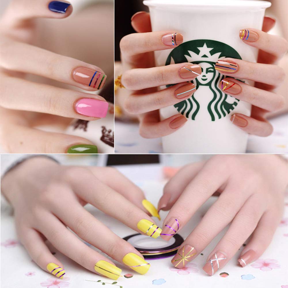 32 Rouleaux de Couleurs Mélangées Nail,Ruban Autocollants à Ongles de Conception de Bricolage, Accessoires D'outils à Ongles en fil d'or et D'argent