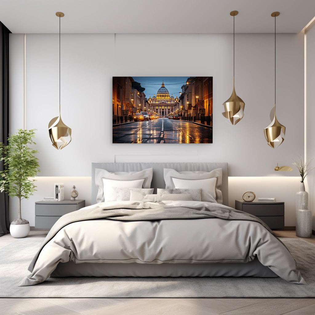 Canvas for Living room. Midnight Serenity Reflections on Rome's Rain-kissed Streets, 27 x 18 inch Canvas Wall Art - Contemporary Masterpieces - Modern Home Decor - 69x46 cm (27x18 inch)