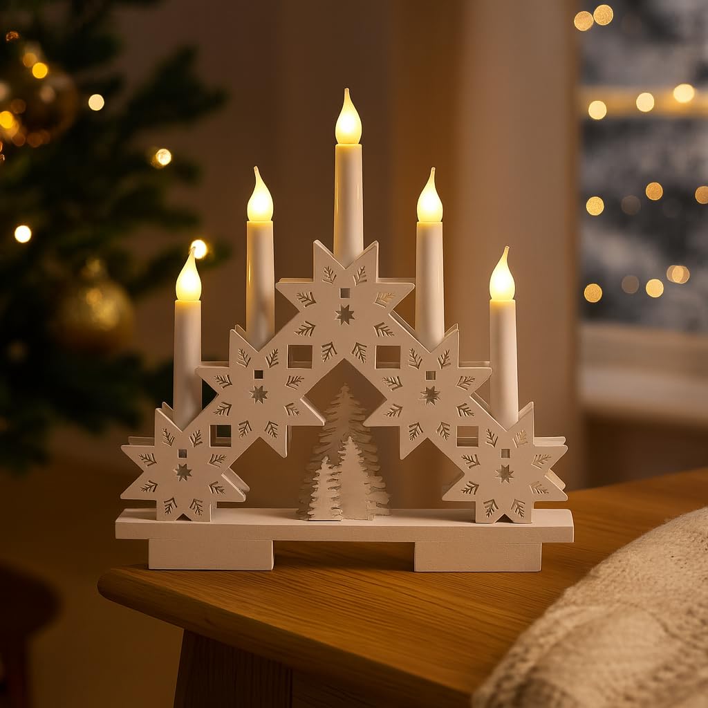 Homezone White Wooden Christmas Candle Bridge - Rustic Snowflake Candle Arch With 5 Warm Led Lights - Battery Operated Candlebridge Window Decoration For Home, Mantel Or Fireplace Decor
