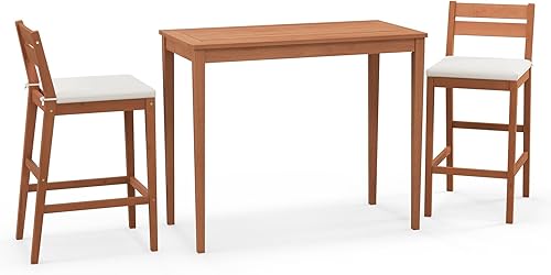 Tangkula Juego de 3 barras de madera de eucalipto para patio, juego de mesa y sillas de altura de barra al aire libre con cojines, juego de comedor