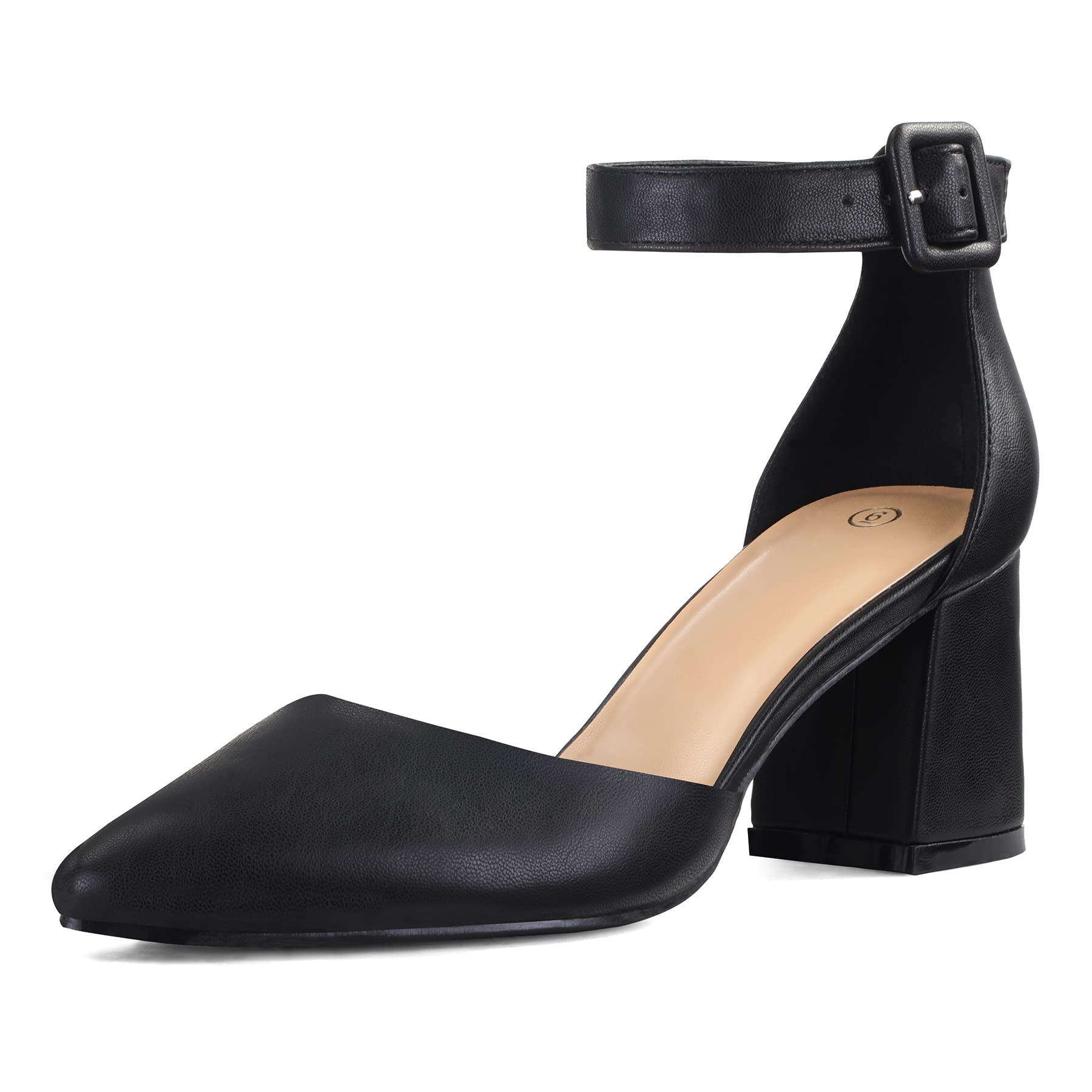 mysoft Women's Pointed Toe Low Chunky Heels Closed Toe Ankle Strap Dress Pump Shoes - Available in Wide Sizes