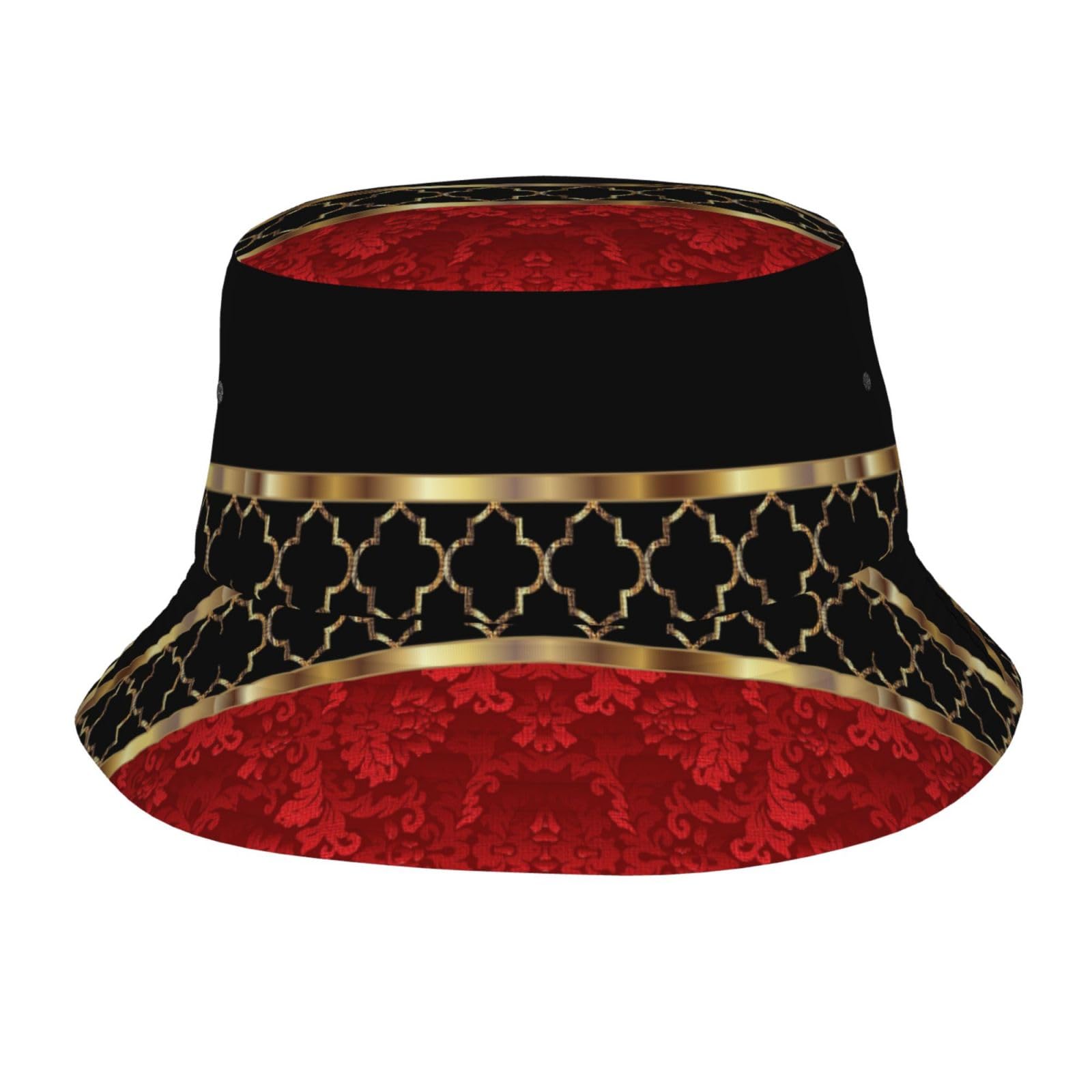 Yofien Unisex As Picture Elegant Red Black & Gold Quatrefoil Pattern Bucket Hat For Woman Men, Mens Women Summer Hats