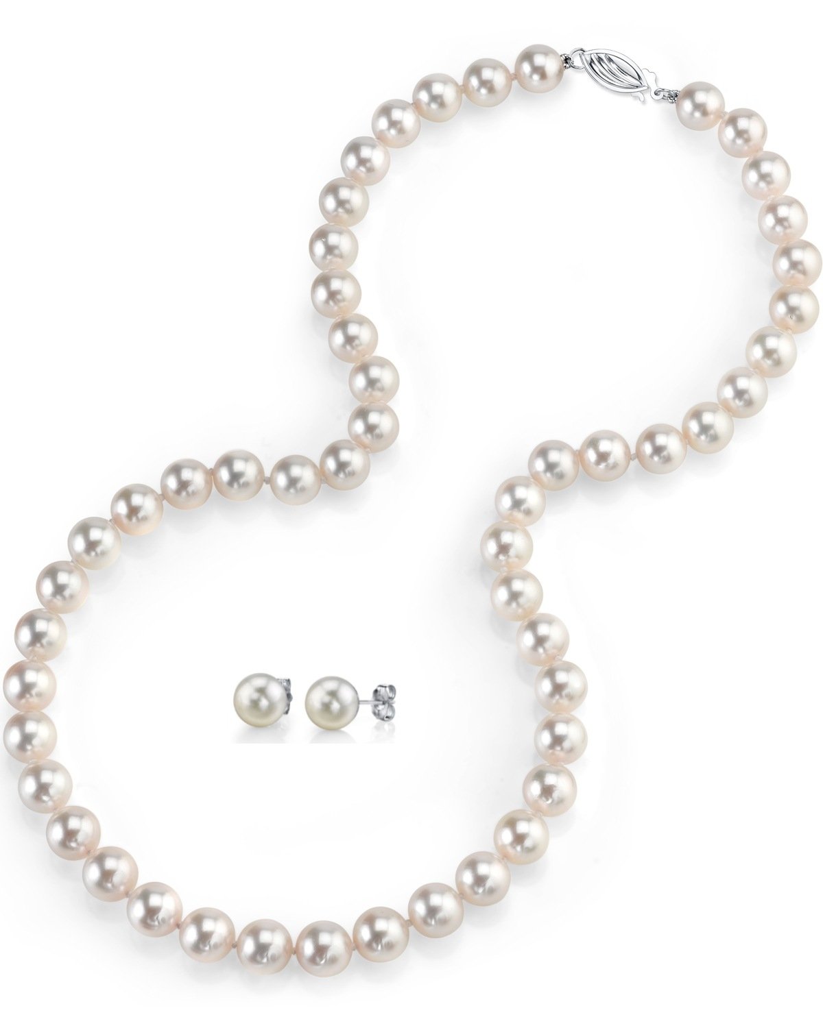 The Pearl Source14K Gold AAAA Quality Round White Freshwater Cultured Pearl Necklace & Earrings Set in 18" Princess Length for Women
