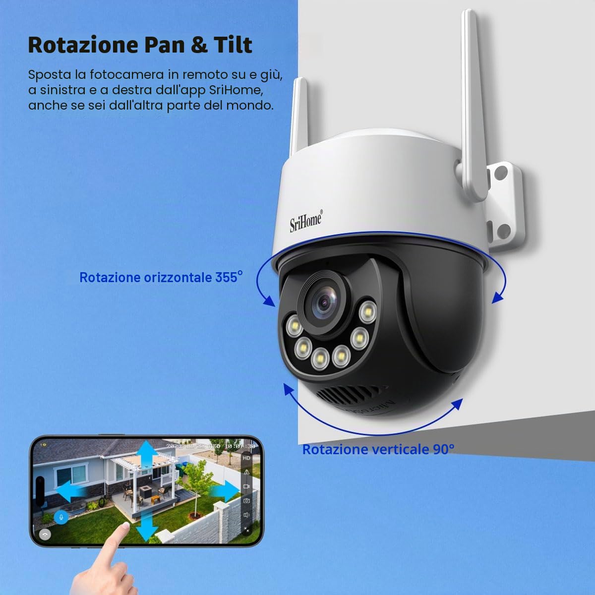 SRIHOME 8MP 2.4/5GHz PTZ telecamera di sorveglianza WiFi esterna 3X elettronico Zoom Monitoraggio Automatico Rilevamento Umano Audio Visione Notturna bidirezionale