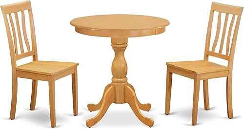 East West Furniture ESAN3-OAK-W - Juego de mesa de cocina de 3 piezas para espacios pequeños contiene una mesa de comedor redonda con pedestal y 2