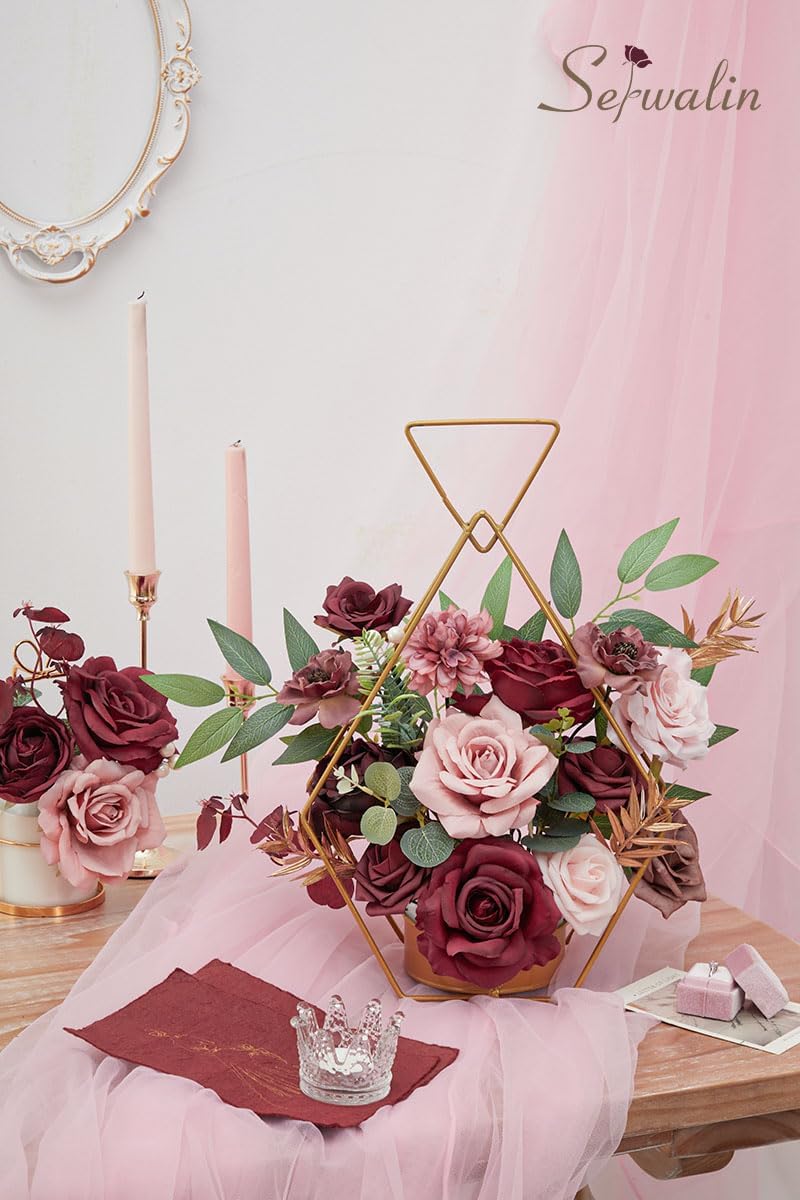 Serwalin Artificial Flowers Wedding Flowers, Fake Burgundy Flowers Pink Bridal Shower Centerpieces Silk Flower, Home Decor DIY