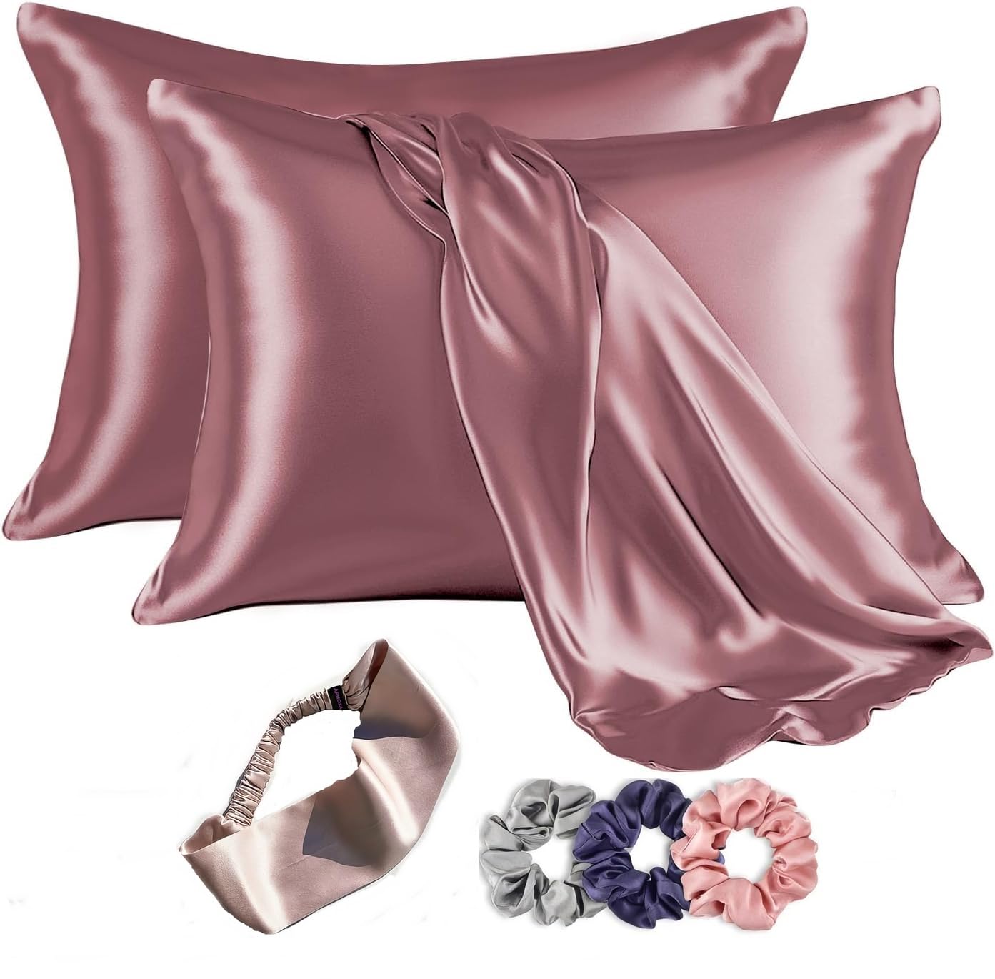 ARMOXA Satin Pillow Cover for Hair and Skin 2 Piece with 3 Piece Satin Silk scrunchies| 1 Silk Hair Band | Silk Pillow Covers with Envelope Closure Set of 2 Pillow Cover