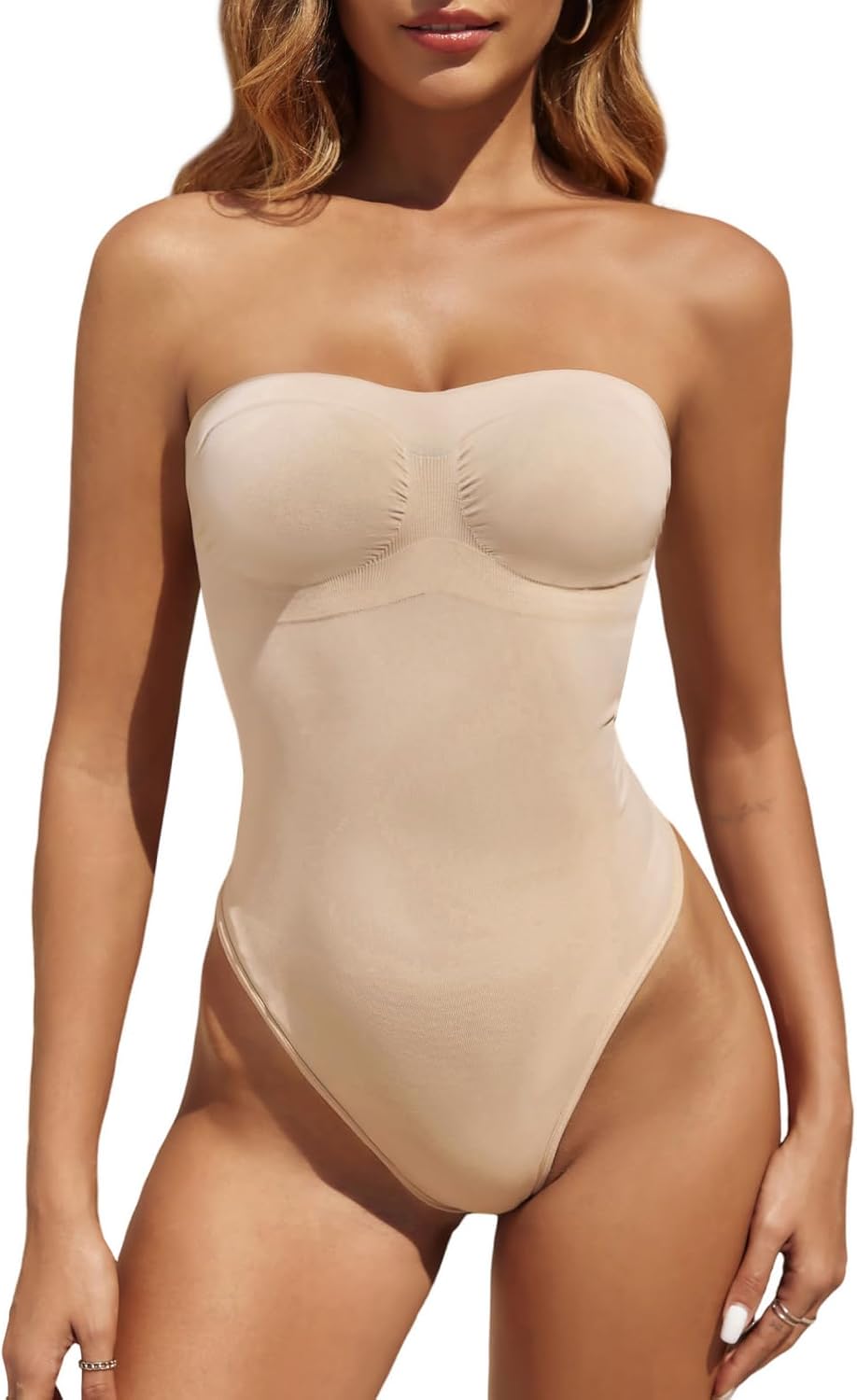 Fisoew Women's Strapless Shapewear Tummy Control Thong Bodysuit One Piece Tube Top Seamless Body Shaper Large Nude