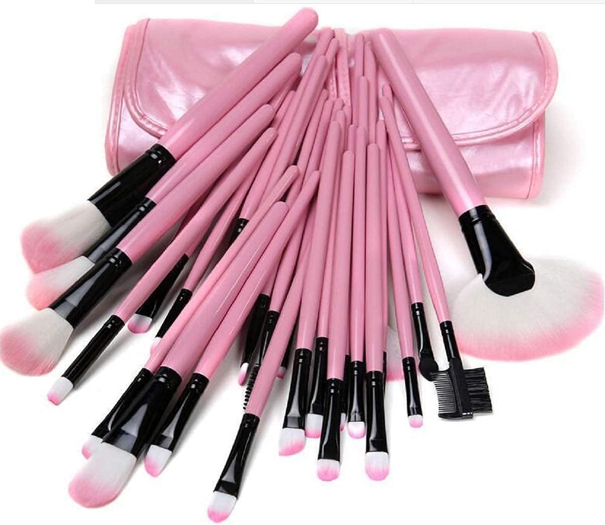 MACPLUS Soft Bristle Makeup Brush Set with Storage Pouch- Pink, 24 Pieces