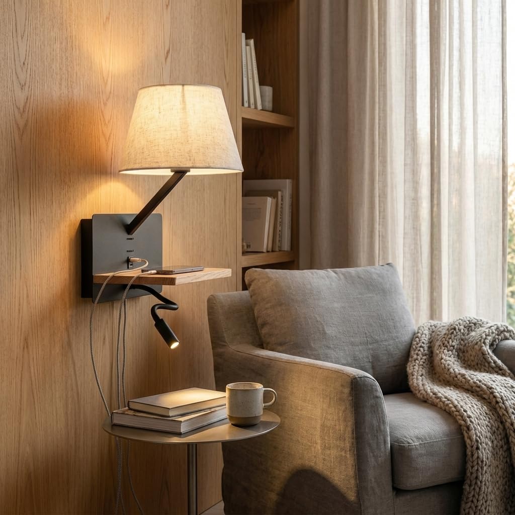 BARCELONA LED Applique da parete “Artin USB+USBC” con paralume E27, faretto LED orientabile 3W, mensola in legno e design moderno per camera da letto, testiera e hotel, Nero