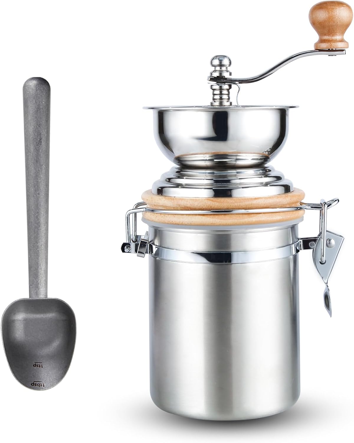 Easyworkz Stainless Steel Long Hollow Handle Coffee Scoop,7g Measuring Spoon, Vintage, Bundled with Manual Coffee Grinder, Adjustable Settings, Airtight Canister, Coffee Bean Mill Tool