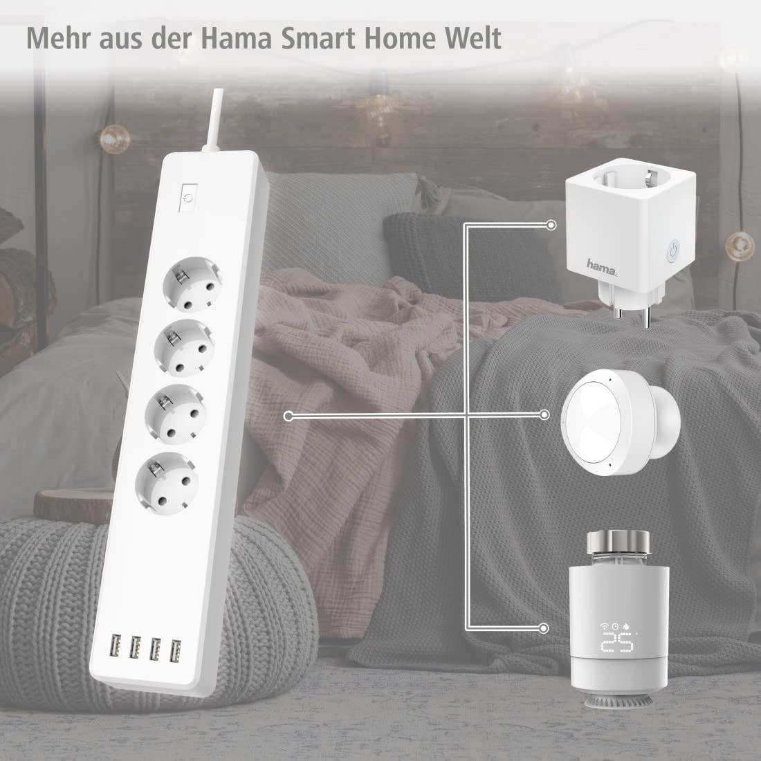 Hama Multiprise Wi-FI à 4 Prises (multiprise Fonctionne sans hub, commutable Individuellement, multiprise avec USB, multiprise avec Protection Contre Les surcharges, Commande vocale et par