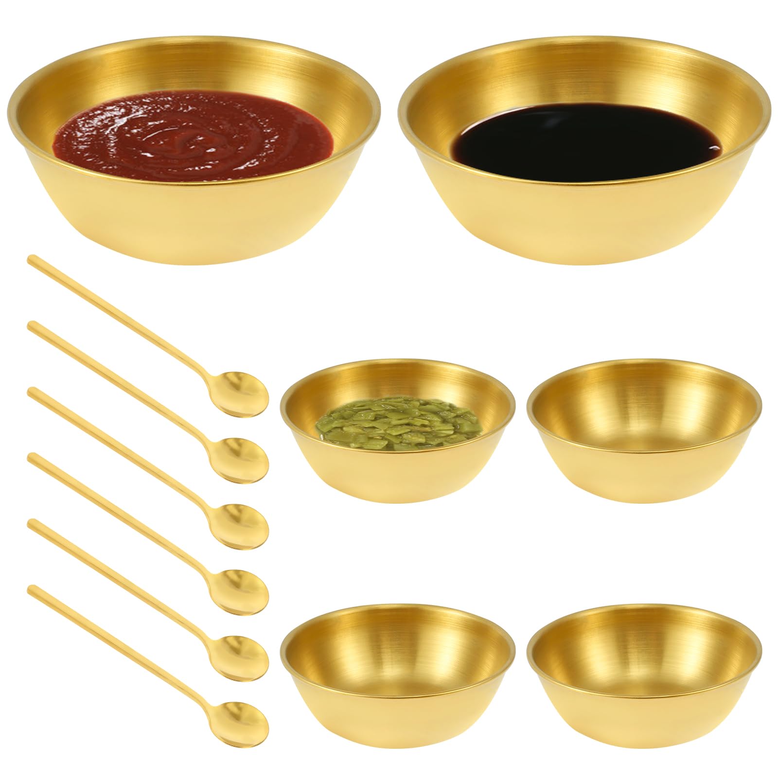 MABCIRY Dipping Bowls Set of 6, Stainless Steel Dip Bowls, Rustproof Bowls Set with 6 Spoons, Practical Condiment Cups, Stainless Steel Sauce Cup, Gold Saucer Plates Saucers Bowl for Home Kitchen