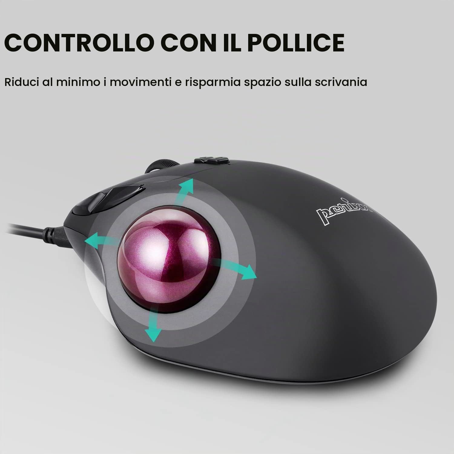 Perixx PERIMICE-517 Trackball Mouse Ergonomico con Cavo - 7 Tasti - 400/1000 DPI - Nero