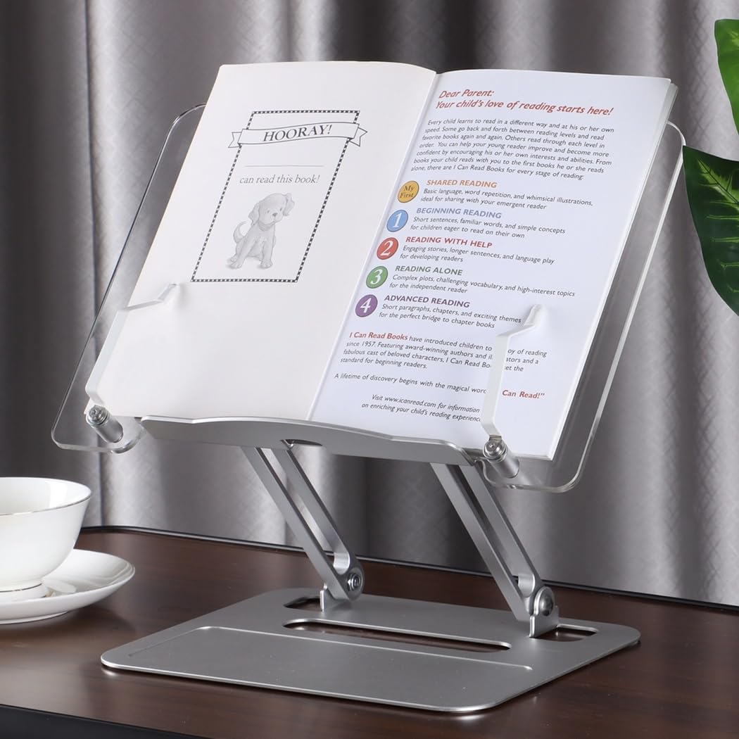 Generic Aluminiowy składany stojak na laptopa, regulowany kąt wysokości, stojak na książki do czytania, przenośny uchwyt na książkę kucharską do biura, przepisów, kuchni, podręcznika, czasopisma