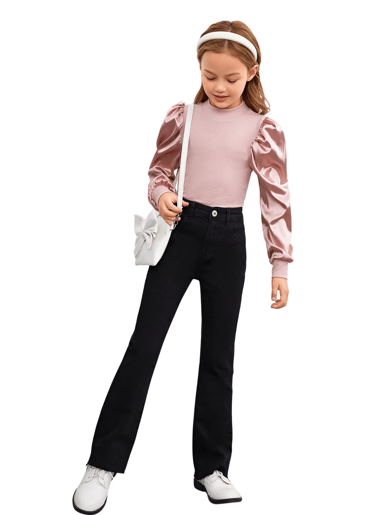 Floerns Girls Casual Puff Long Sleeve Round Neck Rib Knit Blouse Tee Tops Dusty Pink 11-12Y