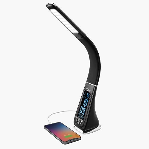 iHome Lámpara de escritorio para dormitorio, luz de lectura con reloj despertador y carga USB - Negro (IL100B)