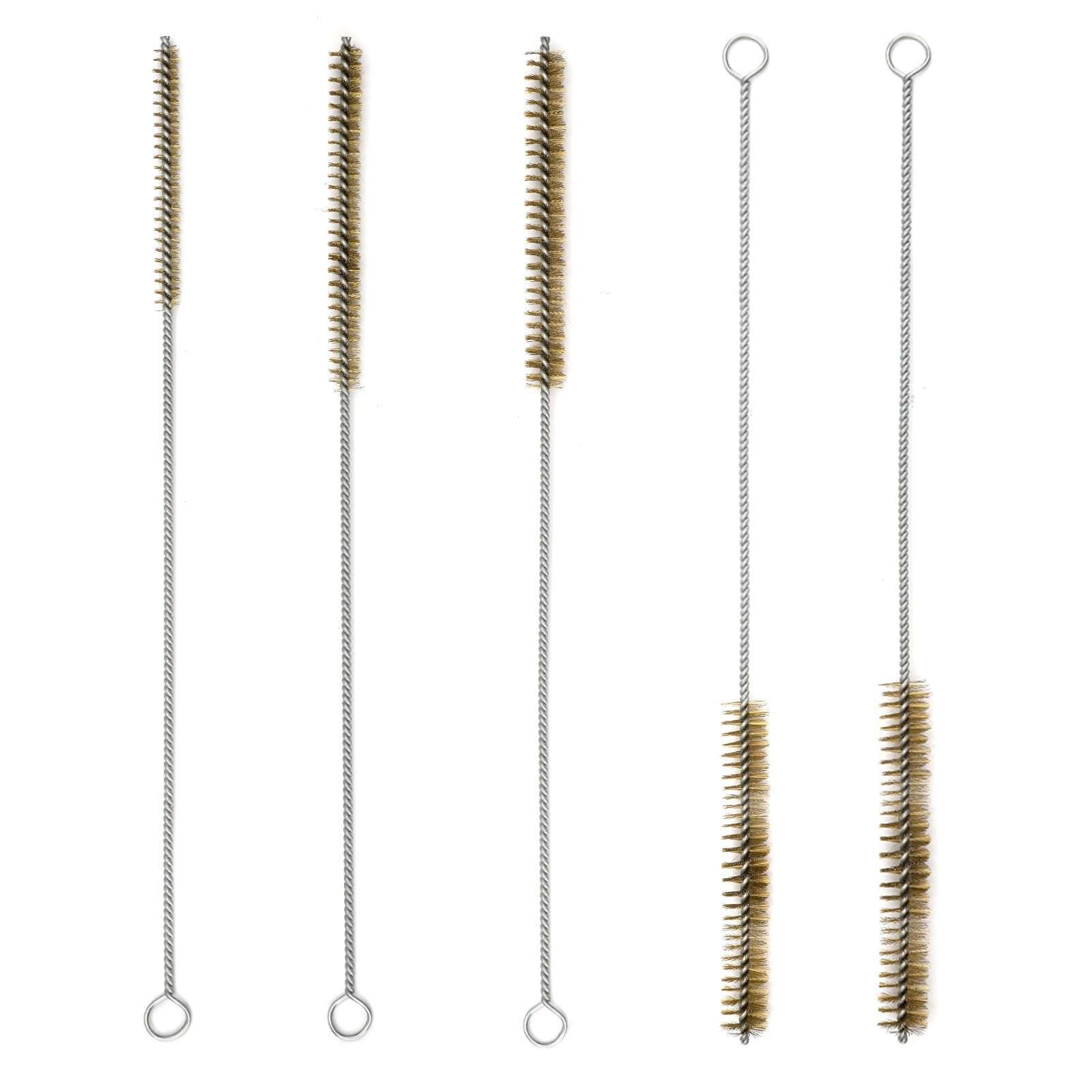 UOCAI 5 Pcs Brass Wire Brushes Cleaning Brushes for Narrow Spaces Stainless Steel Long Wire Brush Set Wire Pipe Cleaner Bore Brush for Tubes, Cylinders, Bottle, Auto Parts 6/8/10/12/15mm