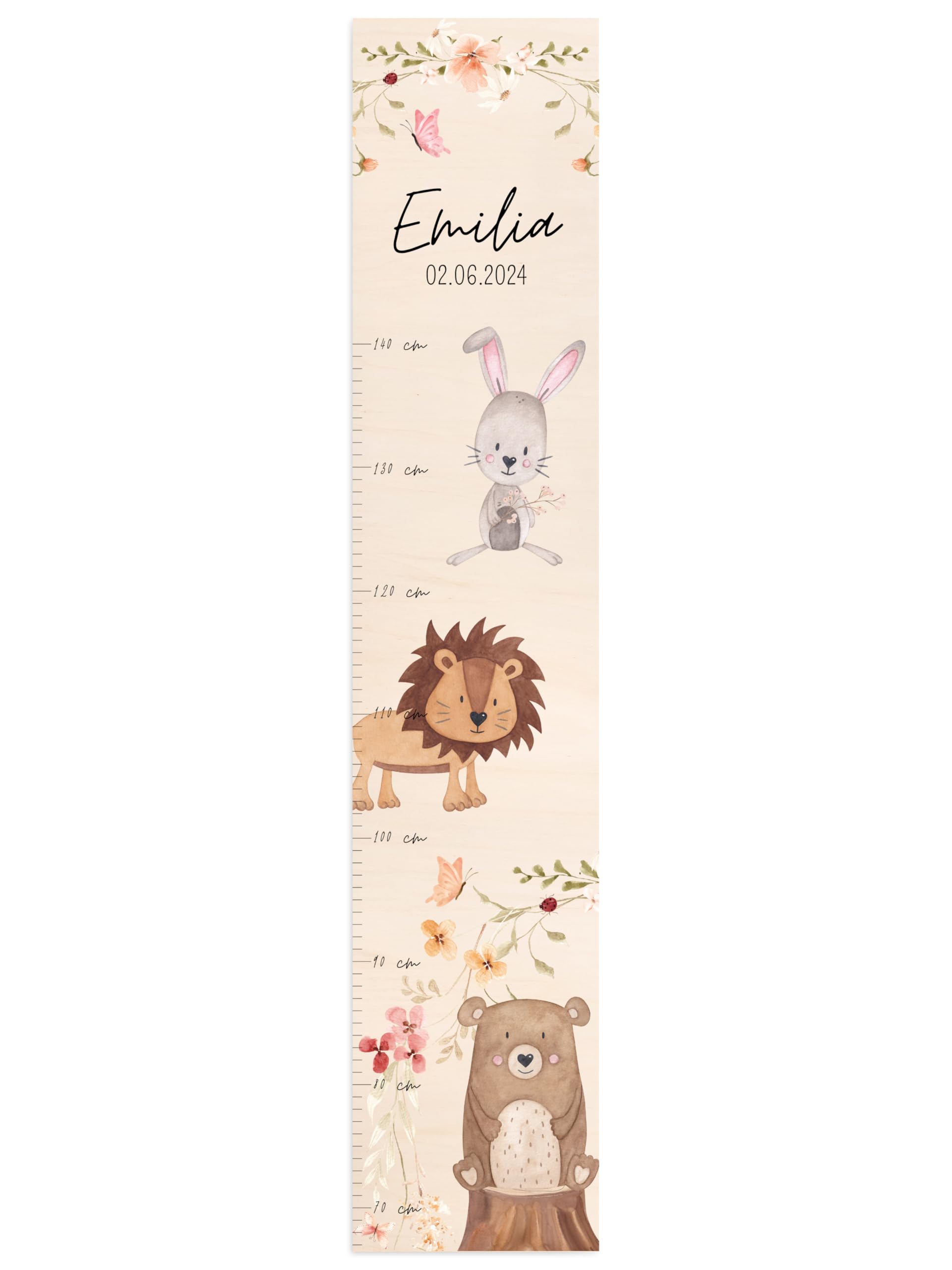 wunderwunsch® - Personalisierte Messlatte Kind Holz zum Kleben oder Aufhängen - Skala 70-140cm - Süße Dekoration für Baby- & Kleinkinderzimmer (Tiere Blumenkreis)