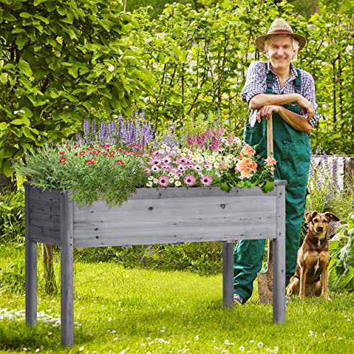 Image of Yaheetech Raised Garden Bed 2Pcs Elevated Wood Planter Box Outdoor, Gray | Fir wood with black non-woven fabric liner offers elevated planting, saves patio space, and enhances garden display.