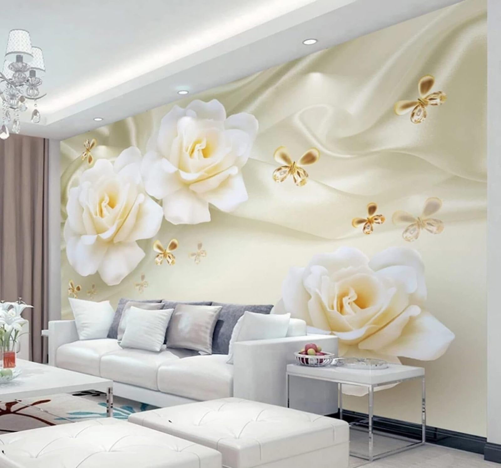 XLMING Simple Exquisite Roses Butterflies Silk 3D Wallpaper Luxury Silk Study Dining Feature Sofa Grey Bedroom Living Room Tv Decorative Wall-250cm×170cm