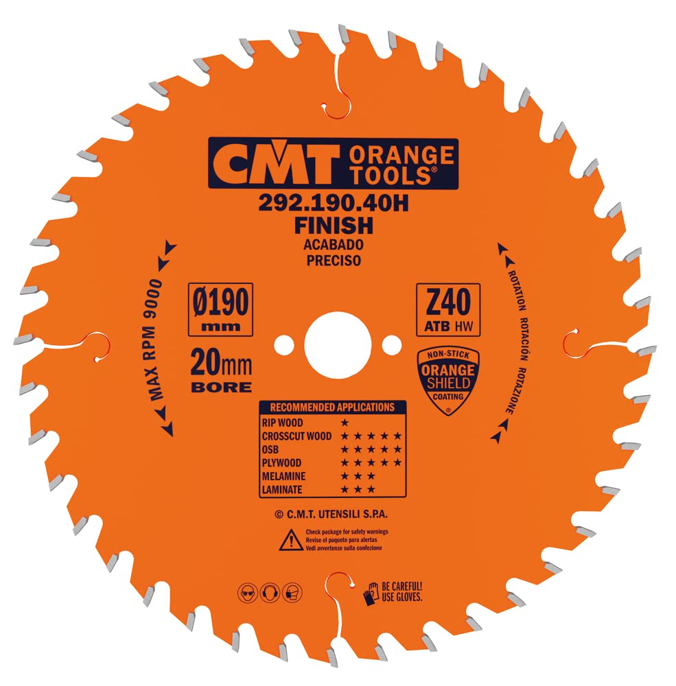 Cmt Orange Tools Metallo/Grigio Circular Saw Blade, 190 Mm X 2.6 Mm X 20 Mm, Z 40, Atb 15 Degrees, 292.190.40H