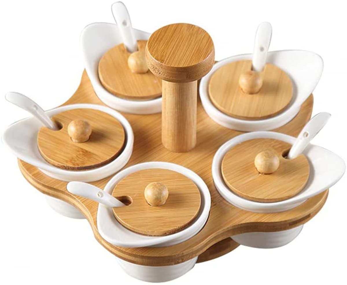 Juego de tarros de especias de cerámica, giratorios, porcelana, tarro de especias, tarro de especias con tapa de madera, cuchara